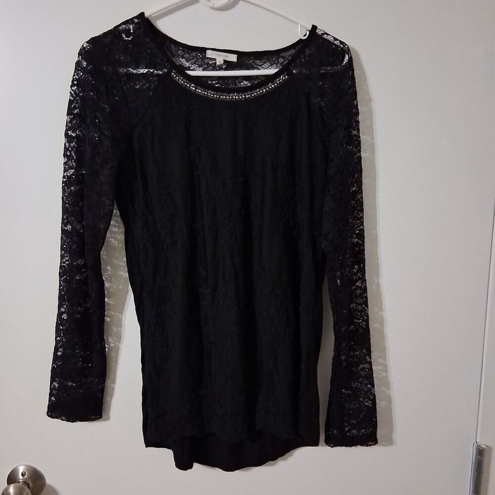 Maurices Black Lace Embellished Long Sleeve Top Dark Academia Whimsygoth M
